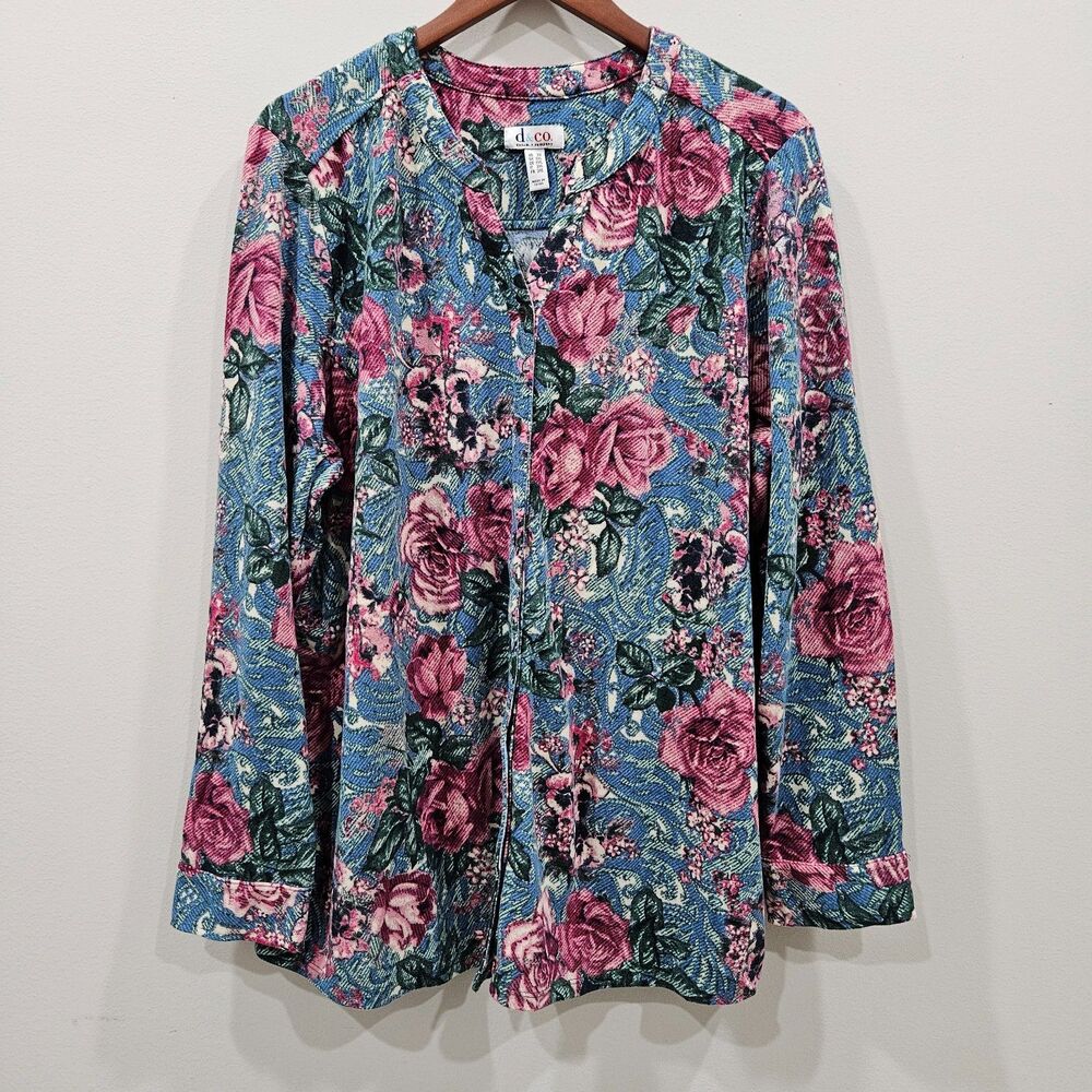 Denim & Co Womens Floral Cardigan Top Plus Size 2x Blue Pink Romantic Feminine